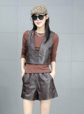 咖色马甲女短款2025秋季新款油蜡皮外搭小坎肩修身背心绵羊皮外套