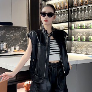 2025秋季新款绵羊皮黑色立领马甲女款绵羊皮黑色韩版外搭坎肩外套