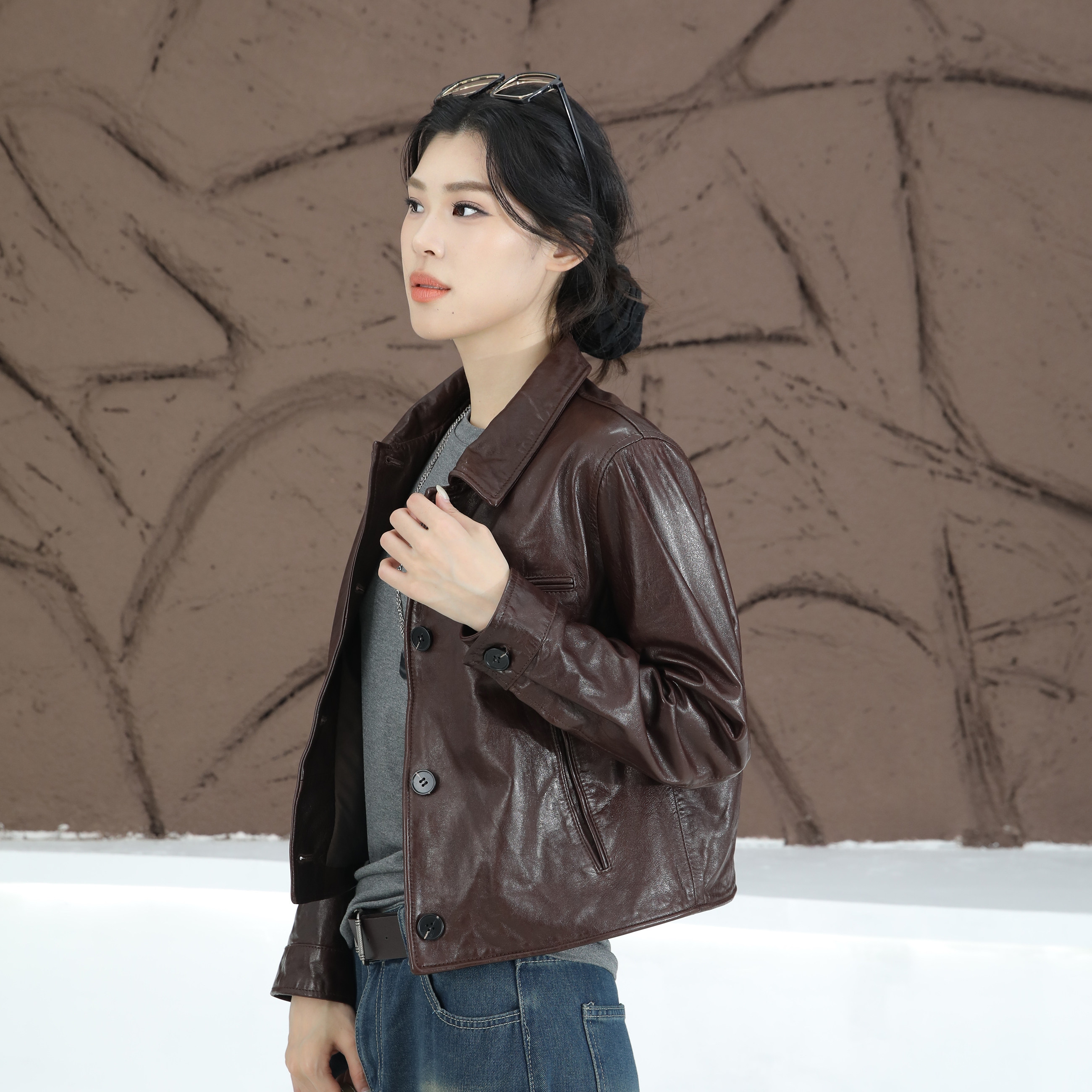 复古绵羊皮短款机车皮衣女