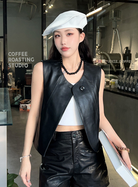 2025秋季新款真皮马甲女短款绵羊皮黑色外搭坎肩修身圆领背心外套