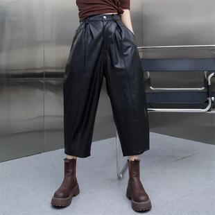 萝卜裤女2025秋季新款真皮黑色皮裤松紧腰八分裤绵羊皮韩版哈伦裤