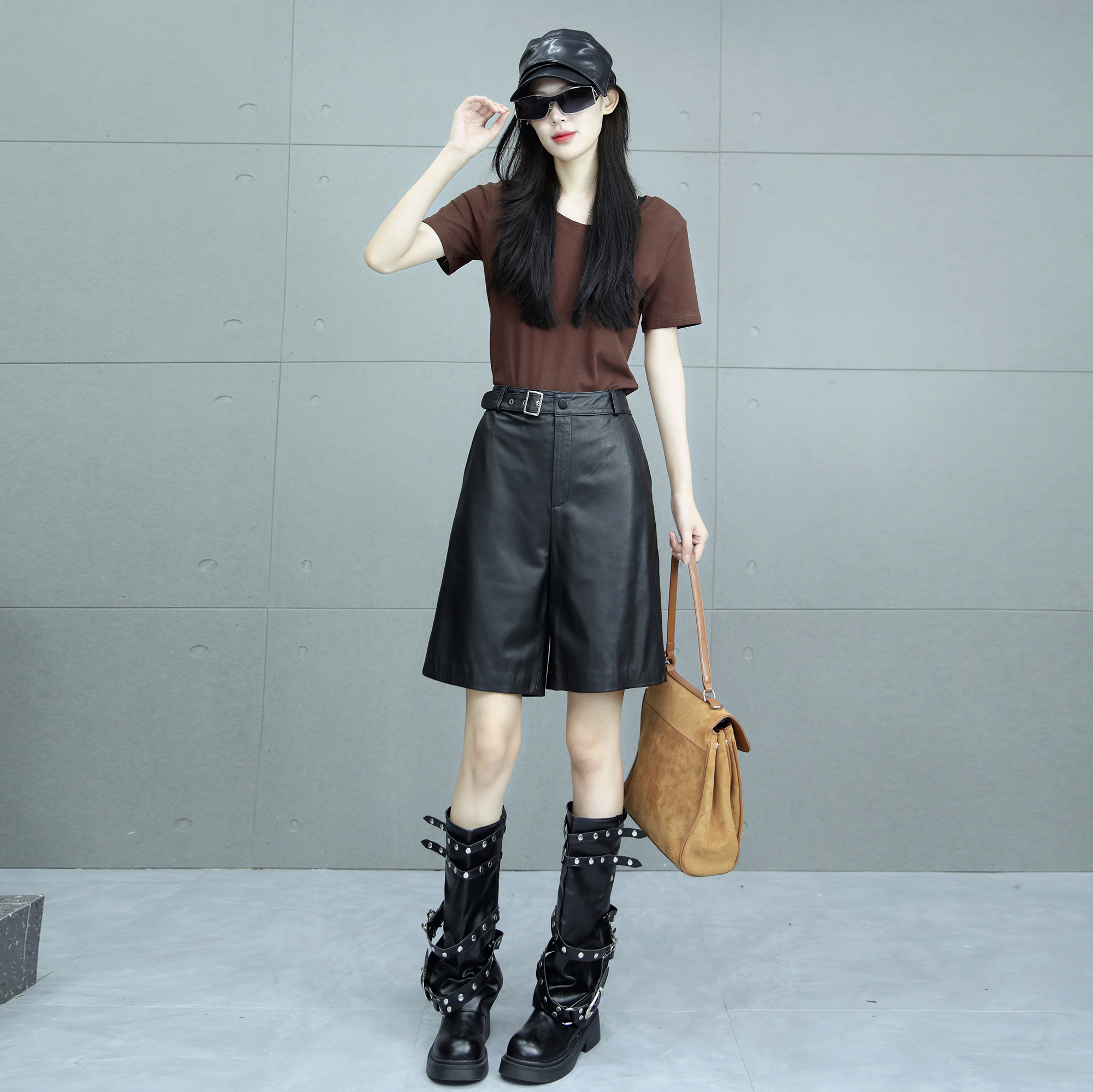 五分裤女2025年秋季新款牛皮纹