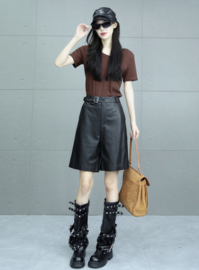 五分裤女2025年秋季新款牛皮纹黑色皮裤真皮显瘦中裤高级感直筒裤