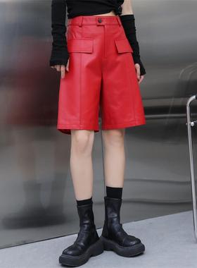 五分裤女2025年秋季新款真皮红色皮裤绵羊皮直筒中裤大口袋休闲裤