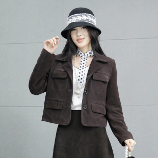 短外套女2025年秋季新款深咖色长袖上衣翻皮绒短款西装领短款夹克