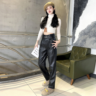 休闲裤女款2025年秋季新款真皮高腰皮裤黑色长裤绵羊皮百搭直筒裤