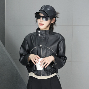 酷感机车风真皮皮衣女短款立领新款黑色拉链夹克高级感显瘦外套潮