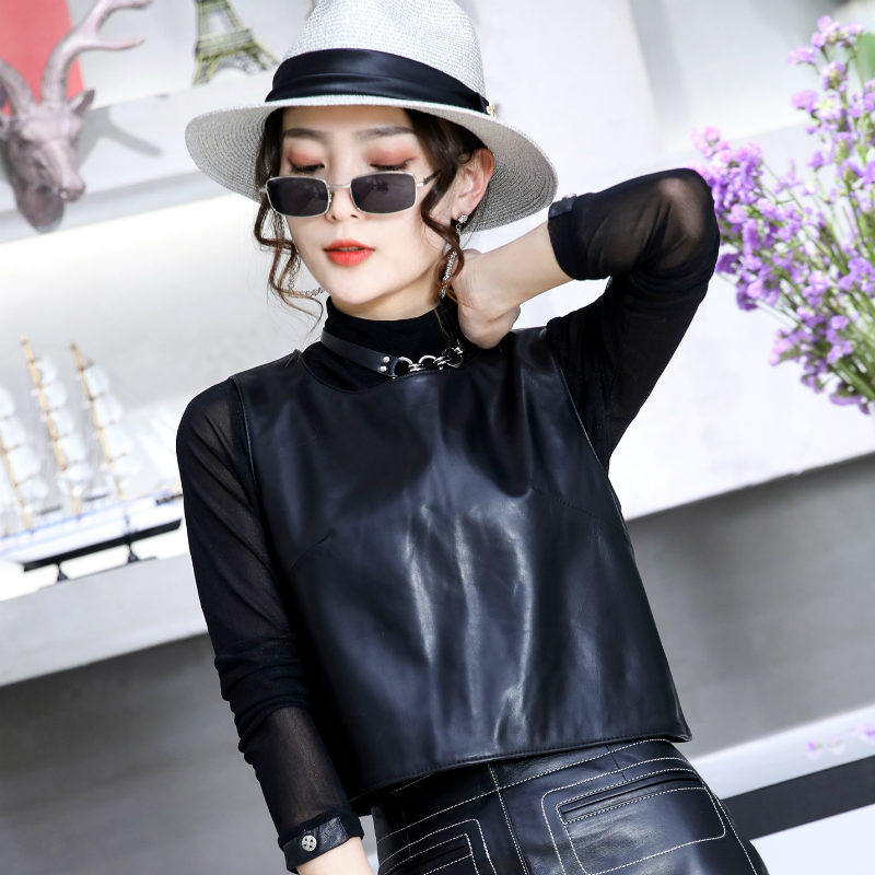 背心女短款2025秋季新款真皮个性坎肩绵羊皮圆领外搭马甲修身外套