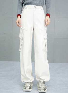 工装裤女2025年秋新款绵羊皮白色皮裤松紧腰长裤真皮大口袋运动裤