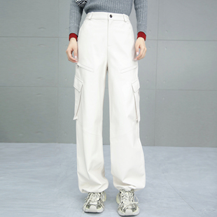 工装裤女2025年秋新款绵羊皮白色皮裤松紧腰长裤真皮大口袋运动裤