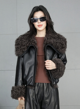 黑色羊卷毛领皮衣外套女短款2025年冬季新款绵羊皮保暖真皮羽绒服