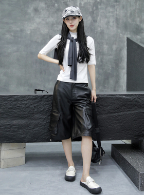 黑色皮裤女2025年秋季新款绵羊皮高腰显瘦阔腿裤宽松休闲五分裤潮