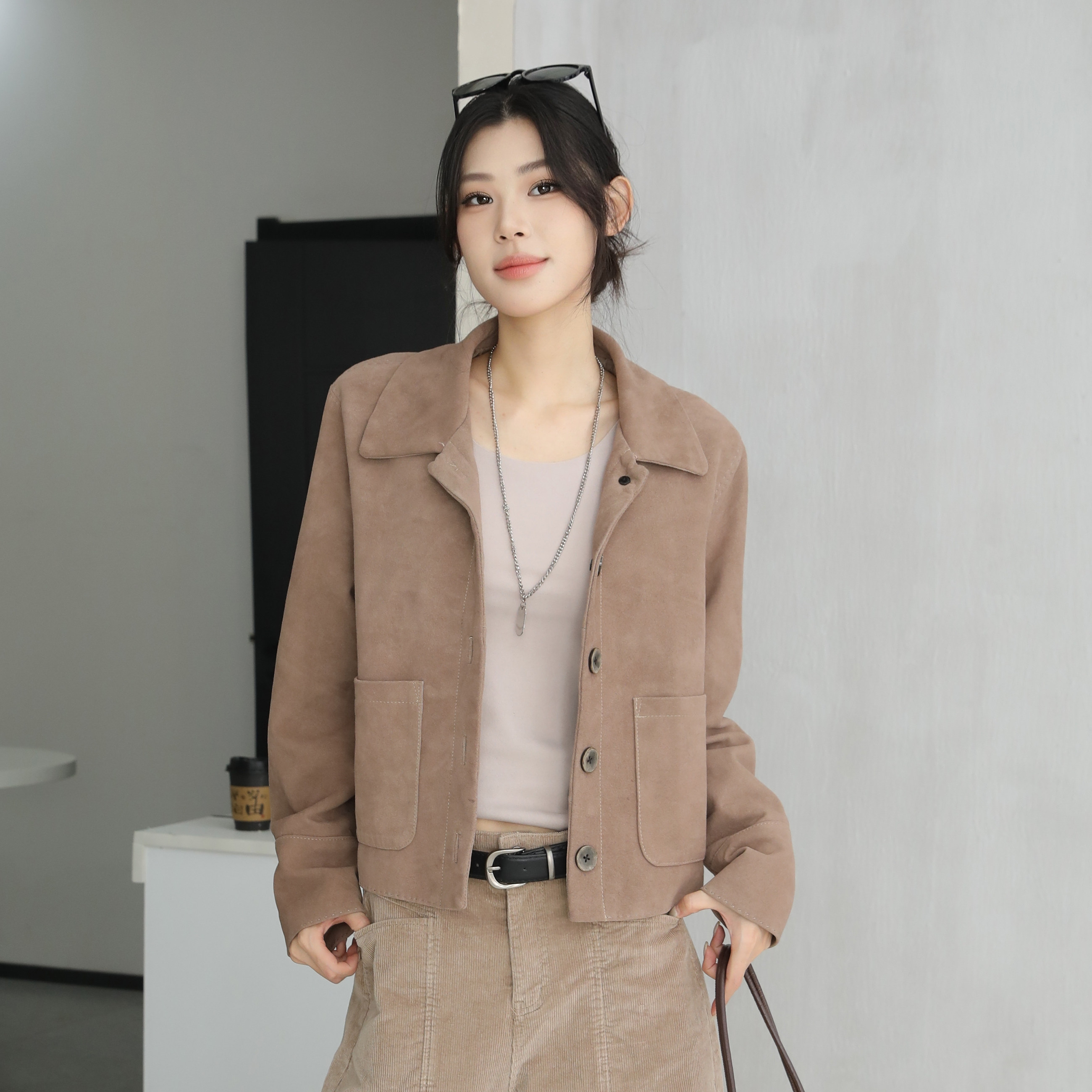 复古老钱风短款绵羊皮夹克女