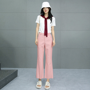 微喇裤女2025年秋新款绵羊皮粉色皮裤松紧腰九分裤真皮修身喇叭裤