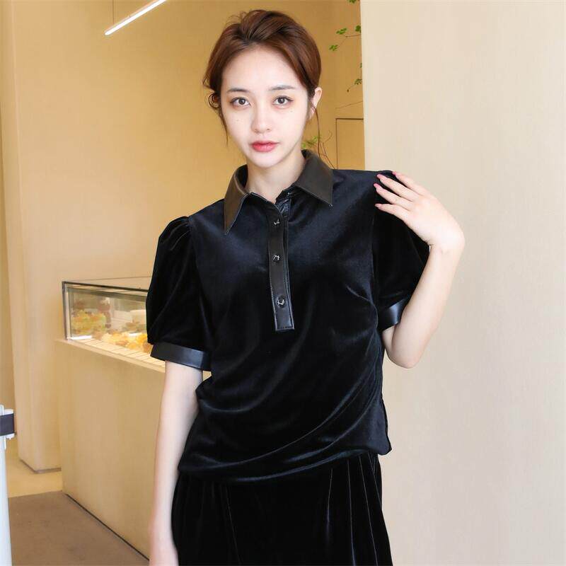 t恤女士2024年秋季新款POLO领外搭显瘦小衫黑色金丝绒短袖打底衫