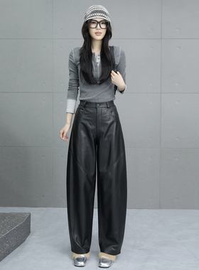 2025秋季新款真皮宽腿皮裤女绵羊皮松紧腰显瘦黑阔腿裤休闲长裤子