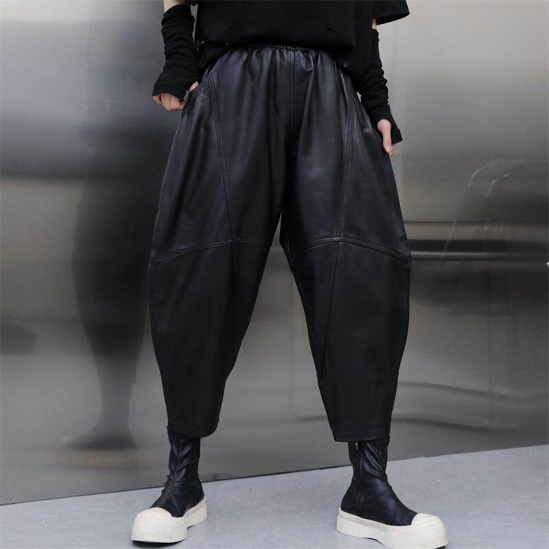 哈伦裤女2025年秋季新款真皮黑色大码皮裤绵羊皮九分裤韩版休闲裤