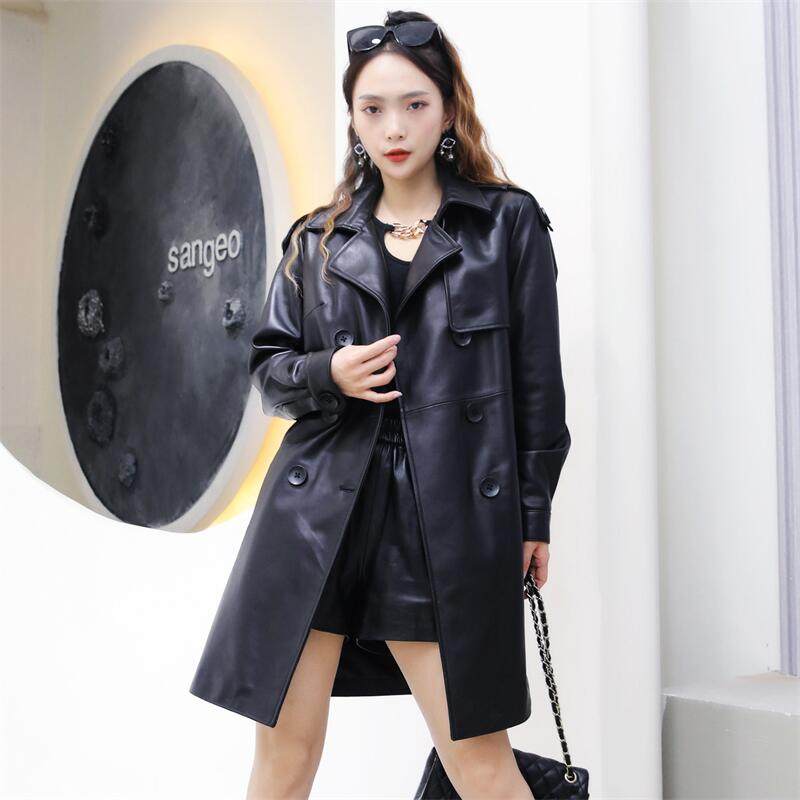 风衣女中长款2025年秋冬季新款真皮修身皮衣绵羊皮黑色西装领外套