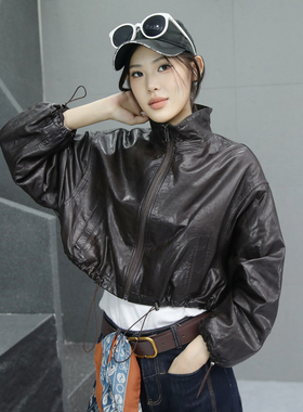 蝙蝠袖皮衣女真皮短款上衣2025秋季新款油蜡皮夹克咖色长袖外套潮