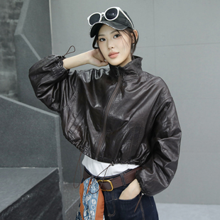 蝙蝠袖皮衣女真皮短款上衣2025秋季新款油蜡皮夹克咖色长袖外套潮