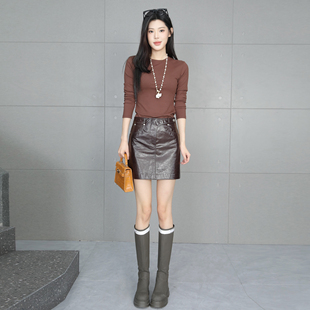 酷辣风油蜡皮咖色A字皮裙女2026新款真皮高腰半身裙显瘦包臀短裙