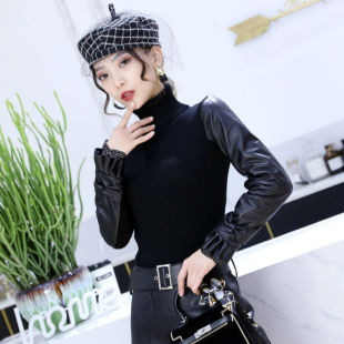 针织衫女25秋冬新款绵羊皮长袖修身打底衫女真皮百搭拼接皮袖小衫
