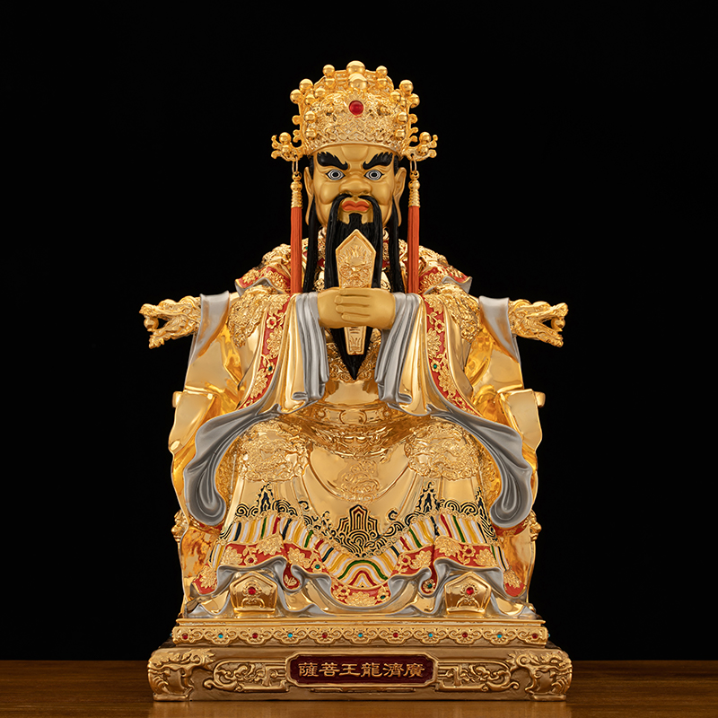 黄铜漆线雕龙五爷财神佛像摆件