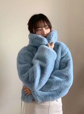 新款秋冬韩风chic仿兔绒蓝色短款毛绒绒宽松百搭仿皮草外套女立领