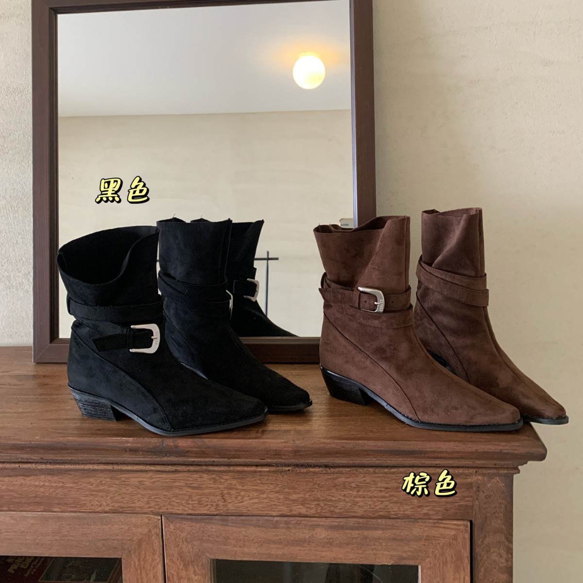 2025秋冬新款复古绒面皮带扣方头时装靴套筒百搭皮带扣粗跟短靴女