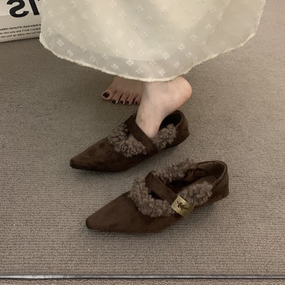 绒面加绒尖头坡跟毛毛鞋女冬2025秋新款保暖棉鞋晚晚小众玛丽珍鞋