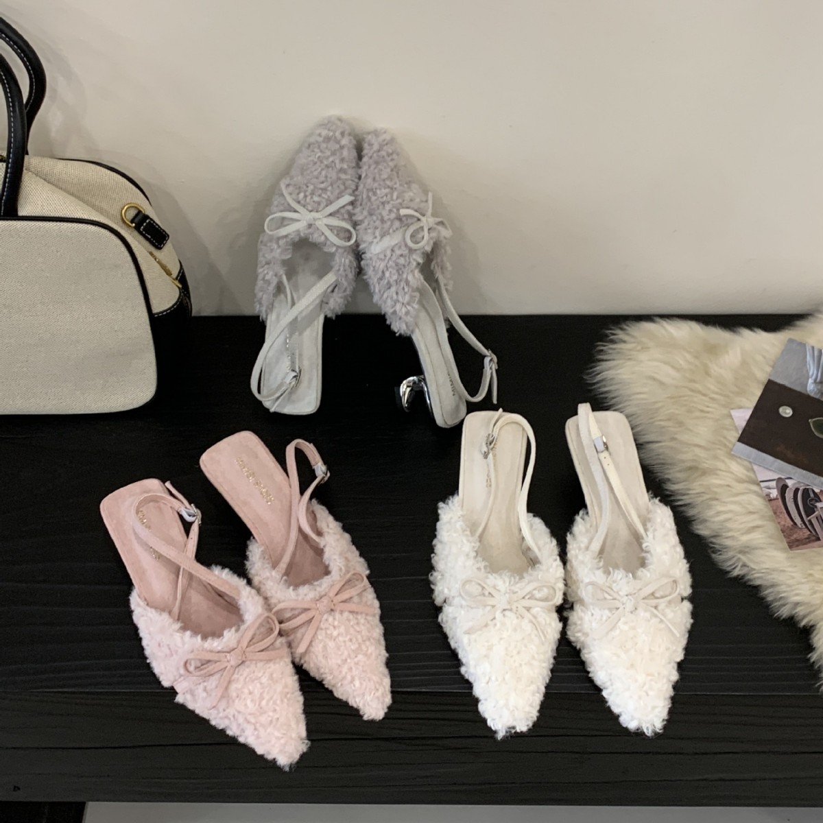 C99-D~高跟法式晚风蝴蝶结毛毛包头凉鞋仙女鞋子2025年秋冬季