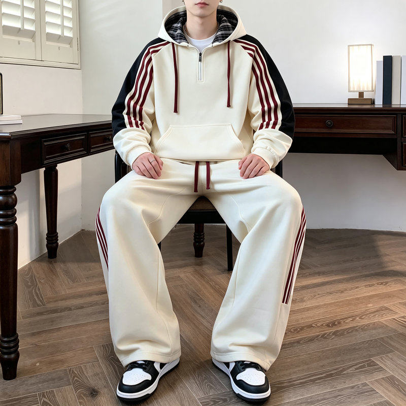 啄木鸟男士运动套装连帽半拉链卫衣两件套撞色条纹休闲跑步服男装