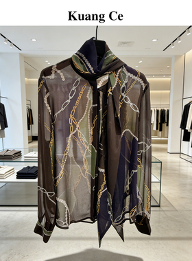 匡册春夏季宽松直筒轻奢风系带长袖乔其纱复工印花衬衫女透气显瘦