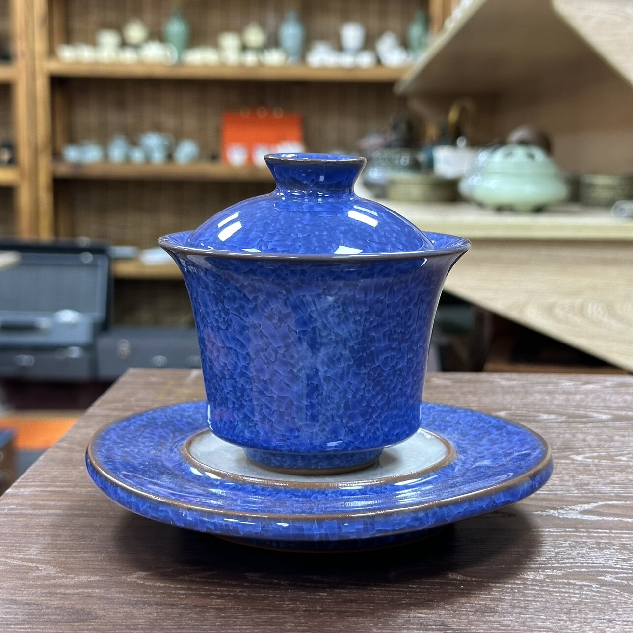景德镇洒蓝盖碗茶杯单个高档陶瓷功夫茶具泡茶器冰花三才茶碗带盖