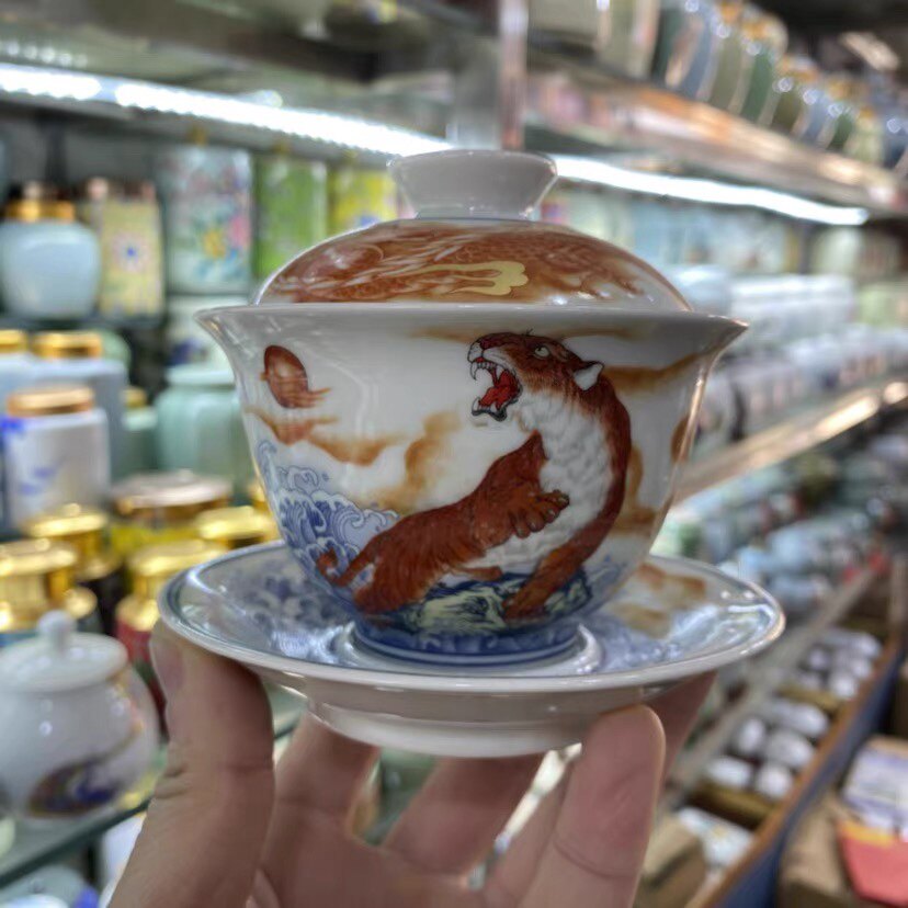 景德镇厂货陶瓷器粉彩虎肖茶碗虎啸龙吟三才盖碗单个茶杯功夫茶具