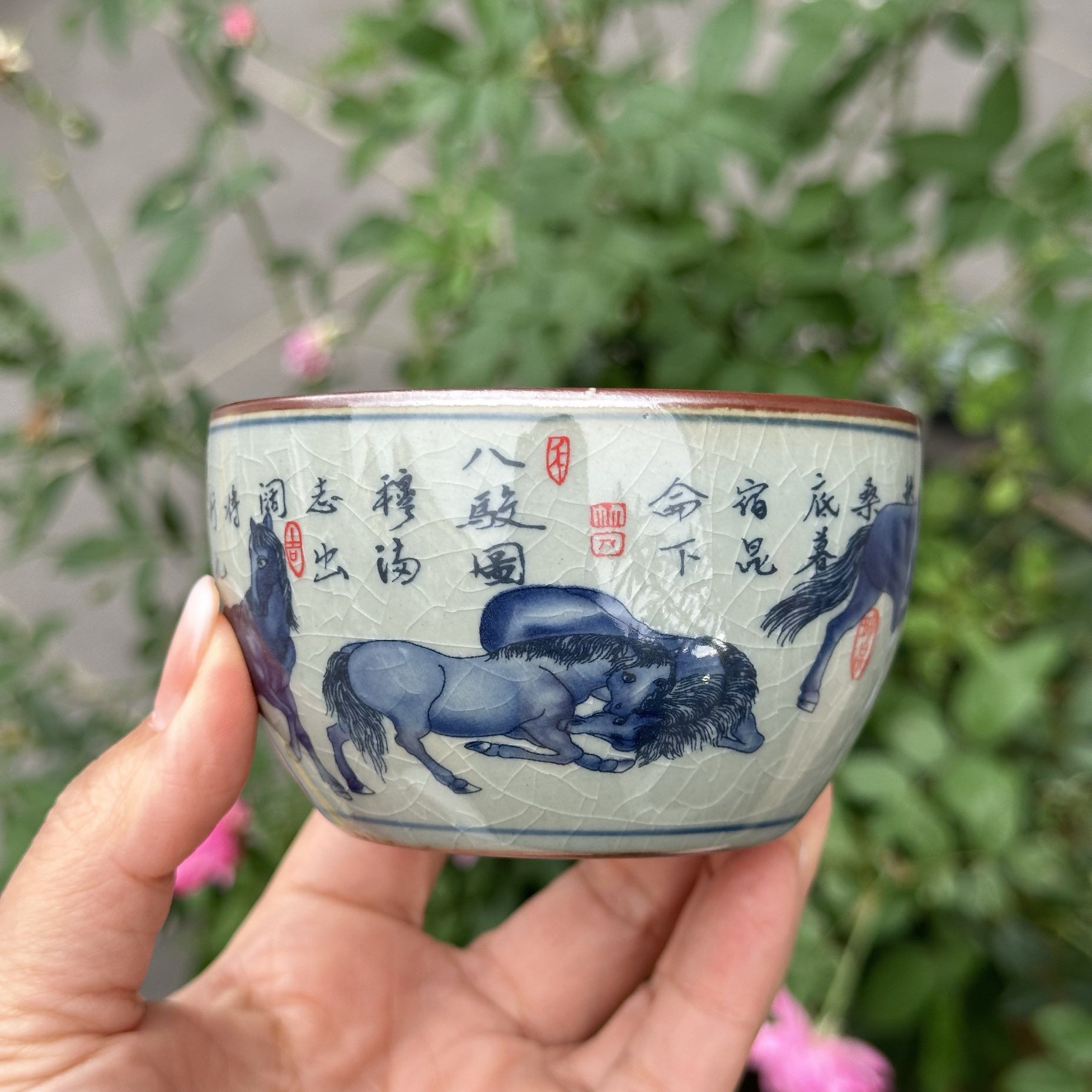 景德镇老陶泥八骏图主人杯陶瓷个人杯品茗杯开片单杯茶盏高档茶杯