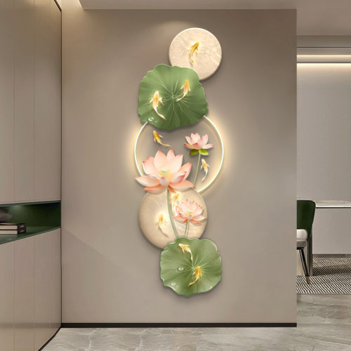 荷花九鱼图玄关装饰画现代轻奢LED灯光画走廊过道发光艺术壁灯画
