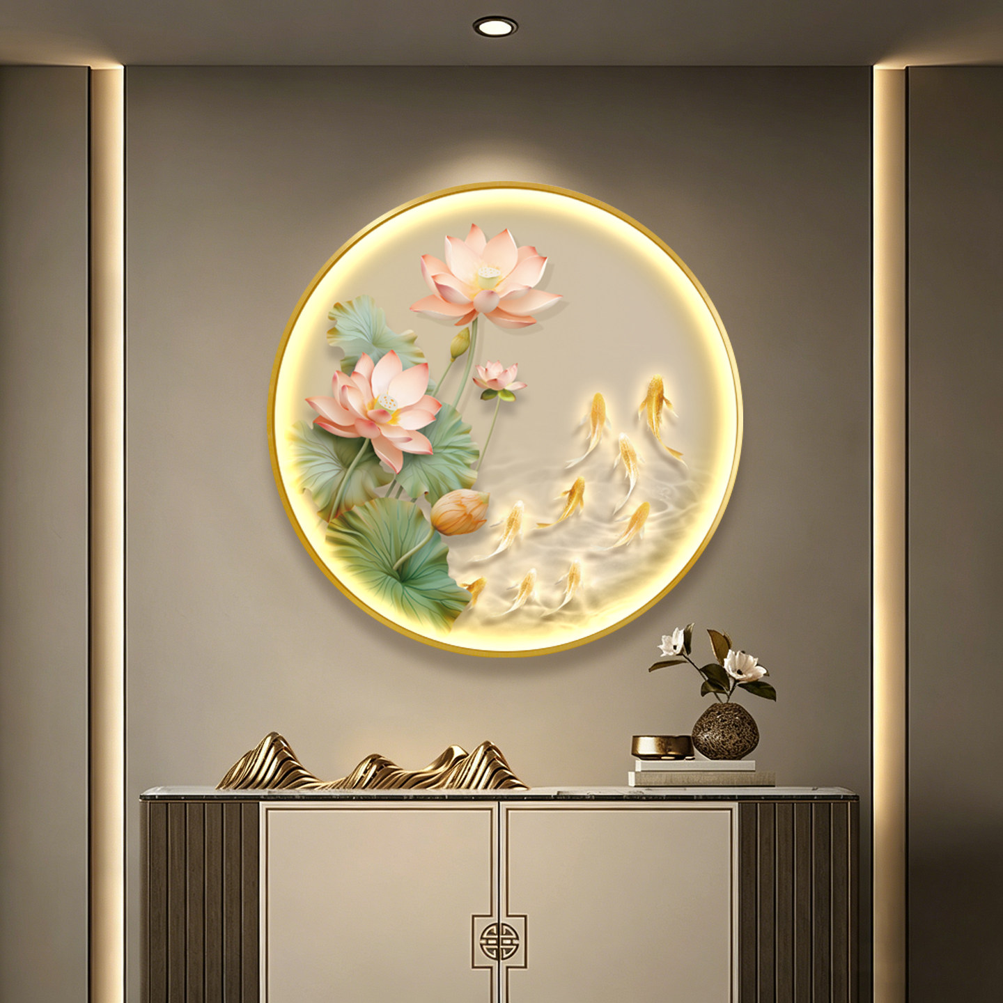新中式LED发光装饰画荷花九鱼图玄关轻奢圆形挂画金色铝合金框可