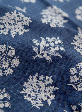 日本进口20s纯棉温柔深丹宁花服装家居包包手工装饰印花蓝色布料