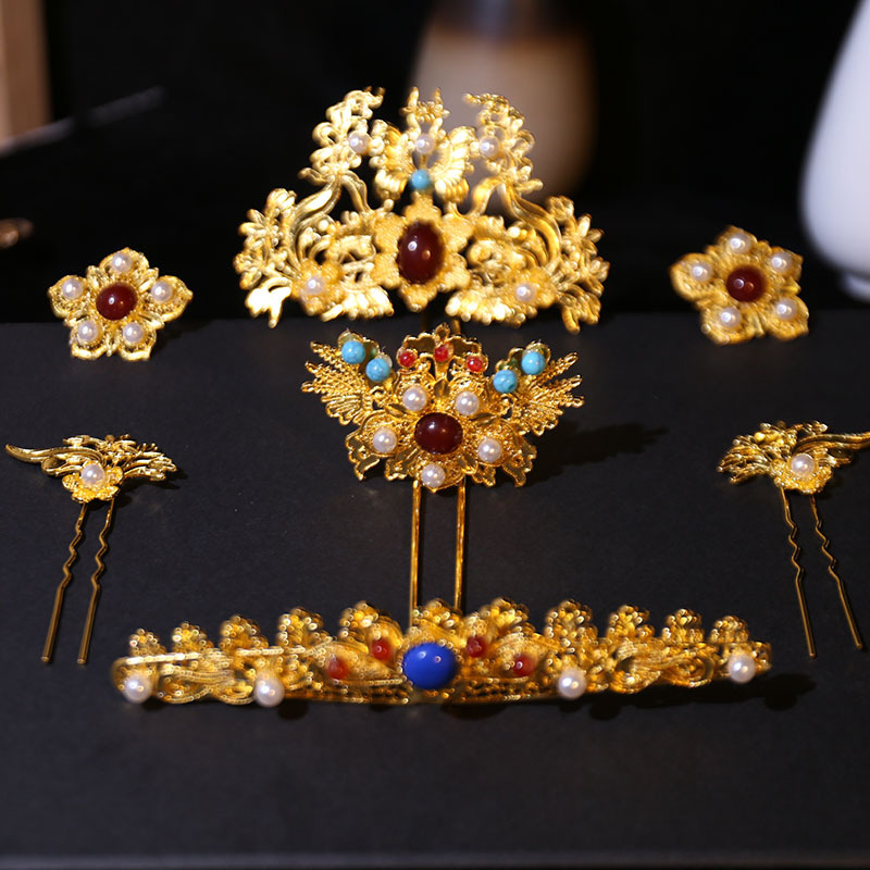 汉服发冠掩鬓发钗全套头饰风华明制狄髻发簪凤簪汉婚女仙重工配饰