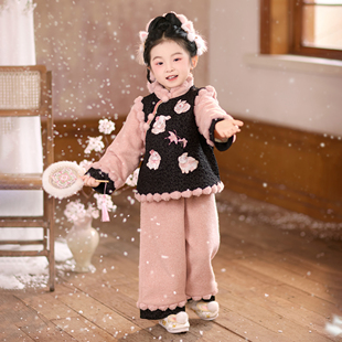 童锣湾[书苒]汉服女童秋冬女宝马甲两件套国风新中式加绒加厚套装