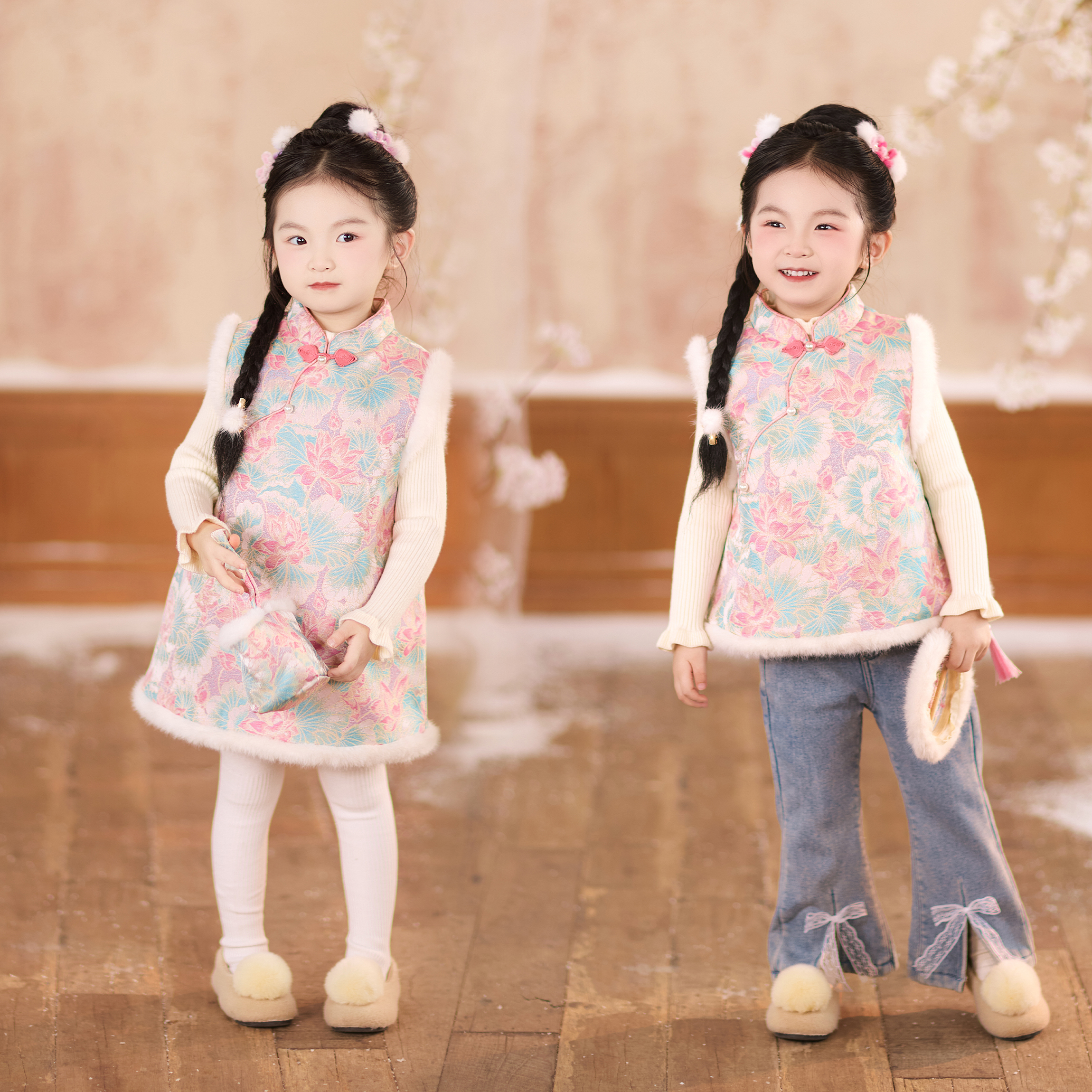 女童新中式冬装加厚盘扣马甲套装