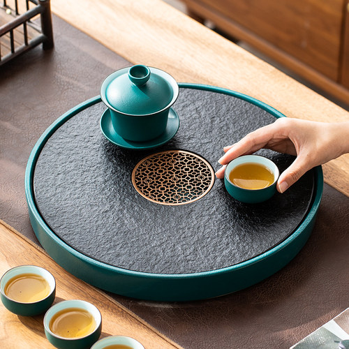 中式圆形陶瓷乌金石储水排水茶盘