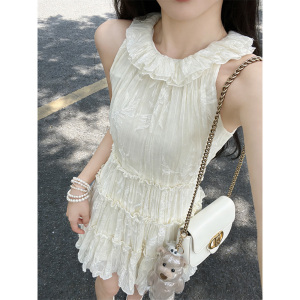 法式小个子温柔气质无袖打褶收腰背心连衣裙女夏季a字法式短款裙