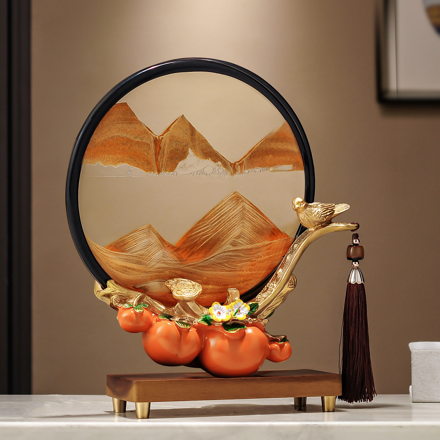 新中式柿柿如意山水画沙漏桌面摆件玄关流沙画艺术家居装饰品家居,家居饰品,桌面摆件,淘宝优惠券,粉丝福利购,淘宝优惠卷