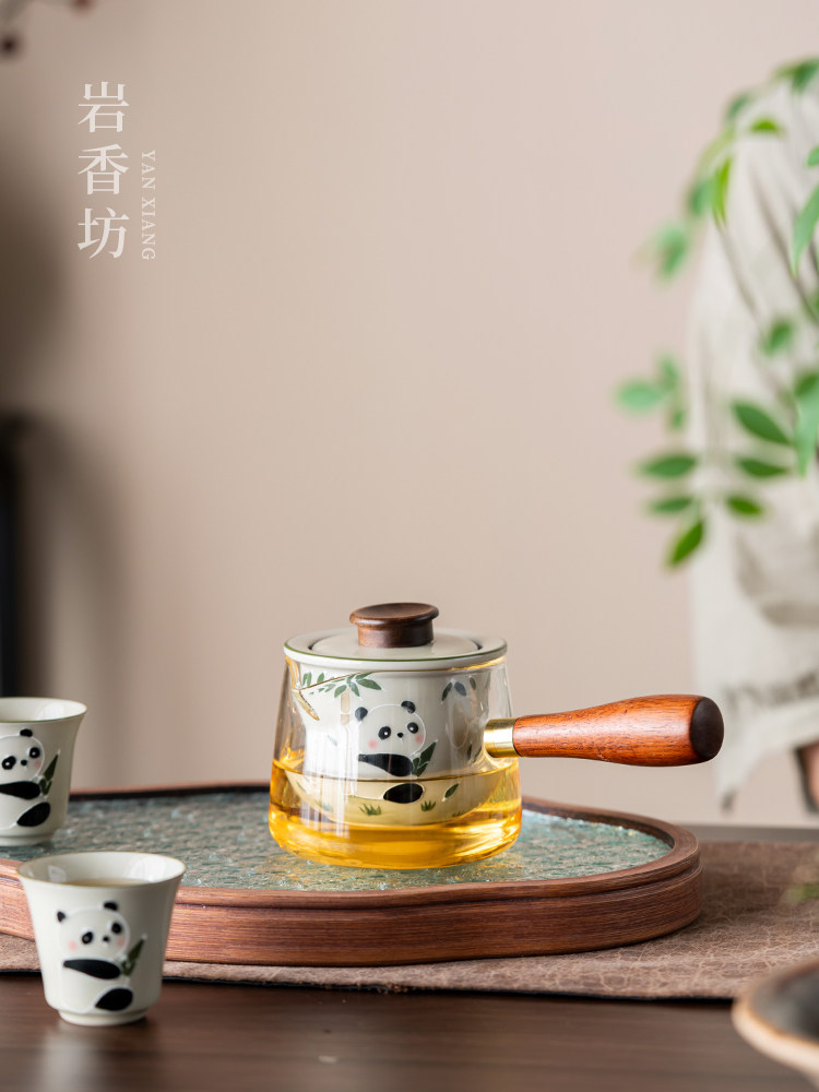 岩香坊草木灰手绘可爱熊猫玻璃侧把壶釉下彩陶瓷功夫茶壶家用单壶