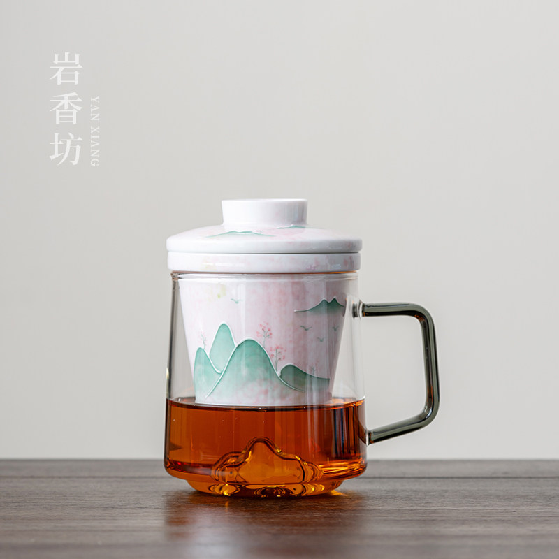 岩香坊白瓷手绘青山粉黛釉下彩办公杯玻璃带盖子过滤水杯中式办公