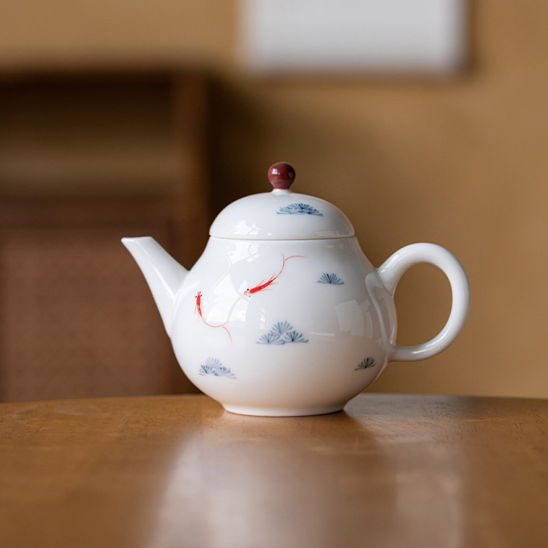 岩香坊白瓷手绘鱼戏小茶壶釉下彩功夫泡茶壶中式单壶