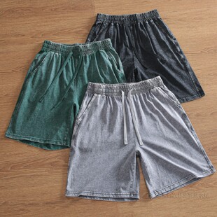 直筒宽松休闲松紧腰五分裤 夏男士 复古砂洗纯棉做旧短裤 240克美式