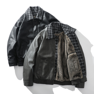 冬季 经过水洗PU皮商务通勤休闲假两件加绒加厚防风保暖皮衣潮 男士